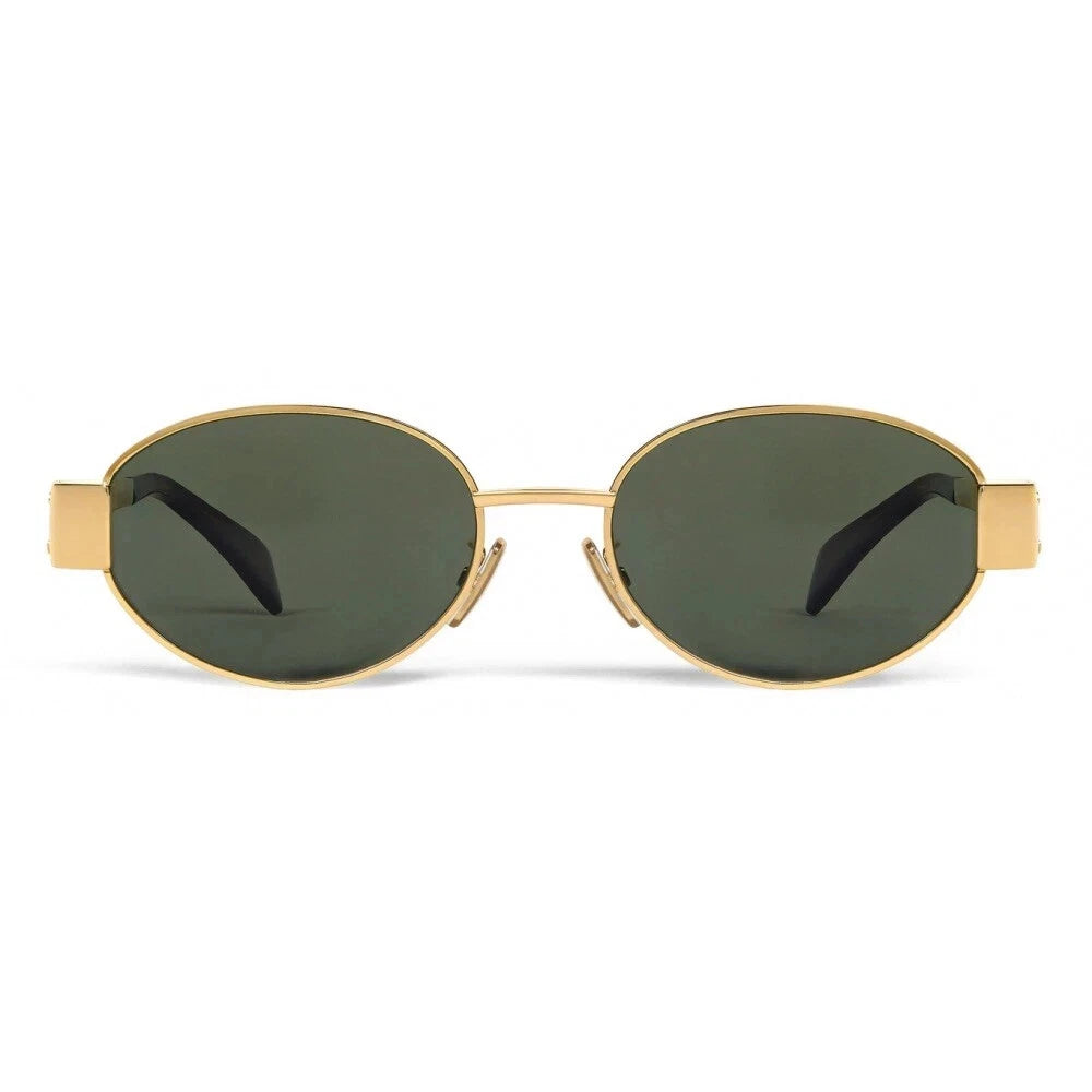 Celine CL40235U 30N Triomphe Metal Oval Sunglasses Gold Green Lens AUTHENTIC