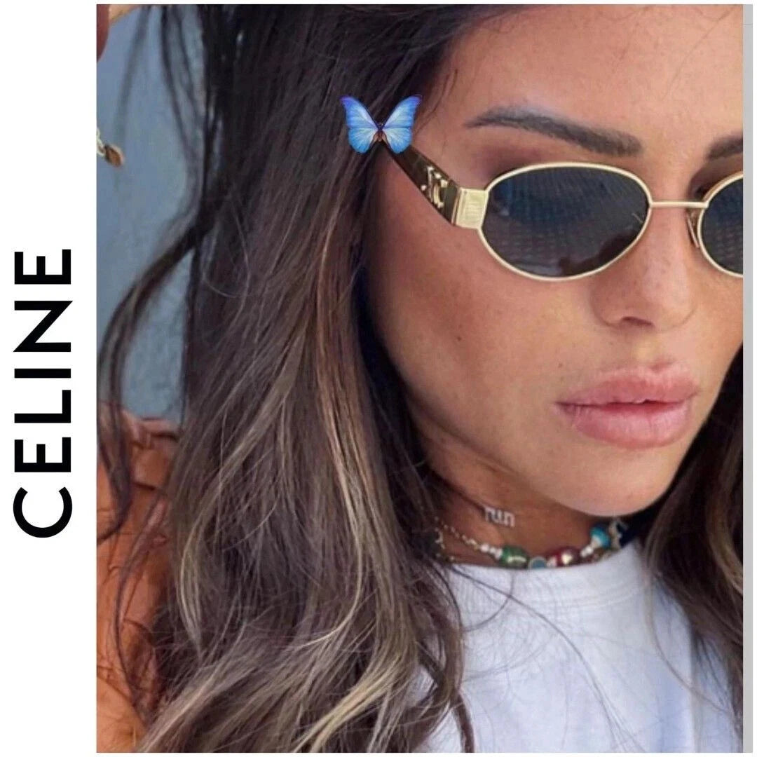 Celine CL40235U 30N Triomphe Metal Oval Sunglasses Gold Green Lens AUTHENTIC